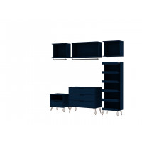 Manhattan Comfort 144GMC4 Rockefeller 6-Piece Full Open Closet Wardrobe with 3 Hanging Rods, Dresser, Nightstand and Shoe Rack in Tatiana Midnight Blue